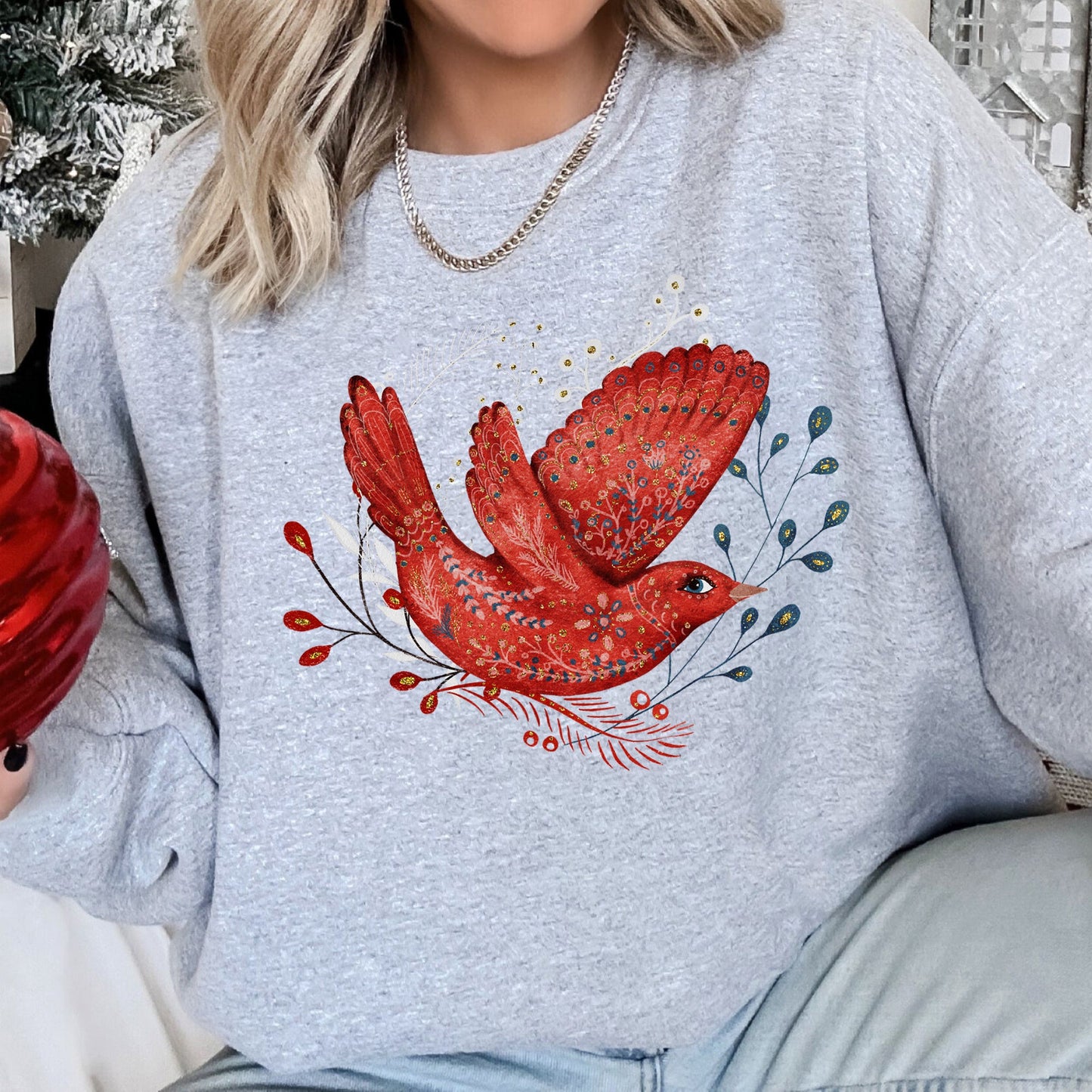 Red Bird, Folk Art, Scandinavian, Winter, Christmas Sweatshirt