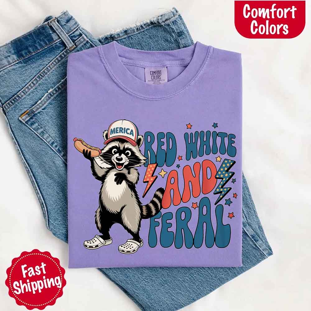 Red White & Feral Comfort Colors Tee – Funny Raccoon 4th of July Shirt
