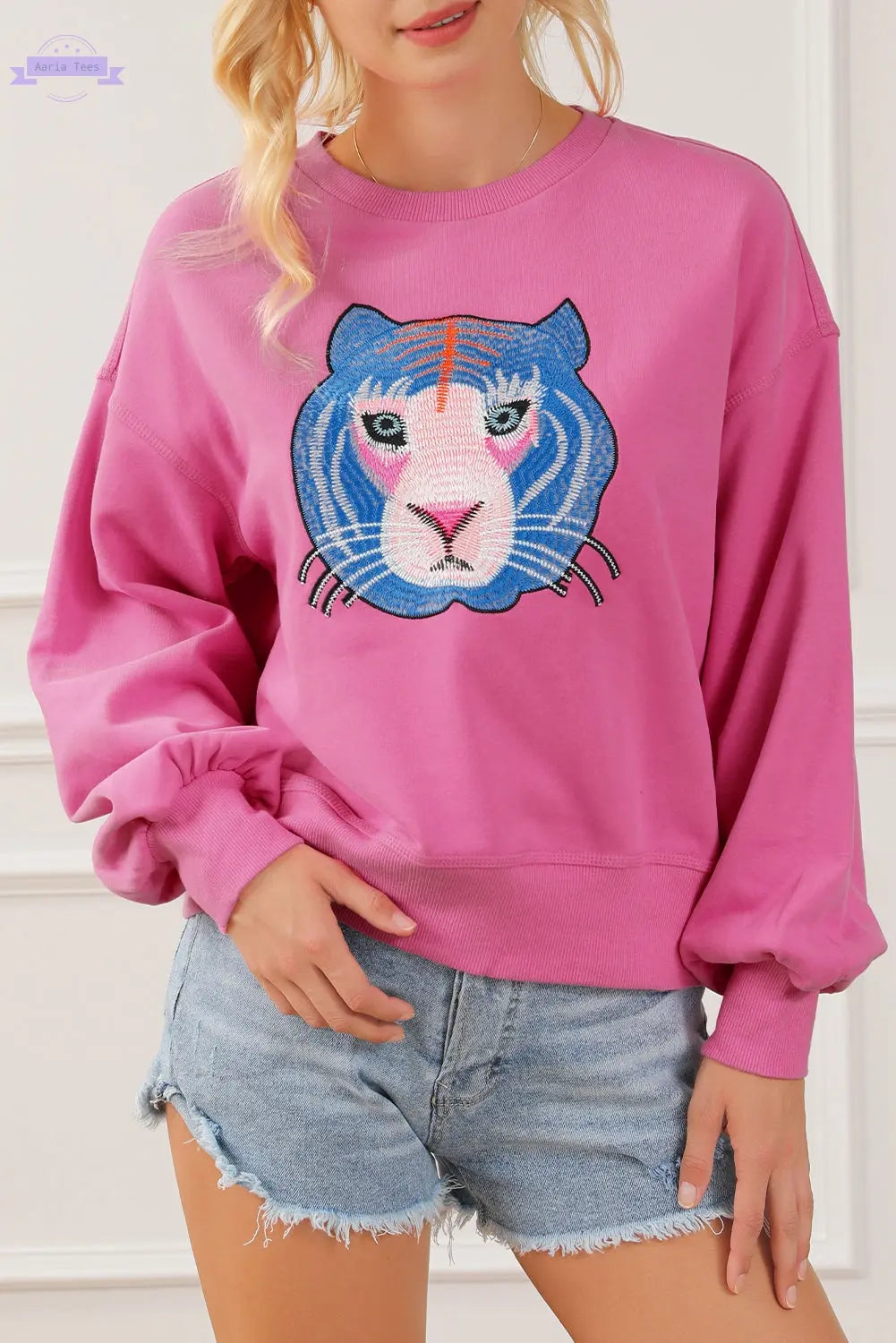 Regina Chic Tiger Embroidered Casual Sweatshirt Threaded Pear