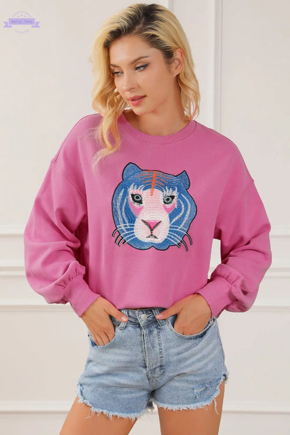 Regina Chic Tiger Embroidered Casual Sweatshirt Threaded Pear