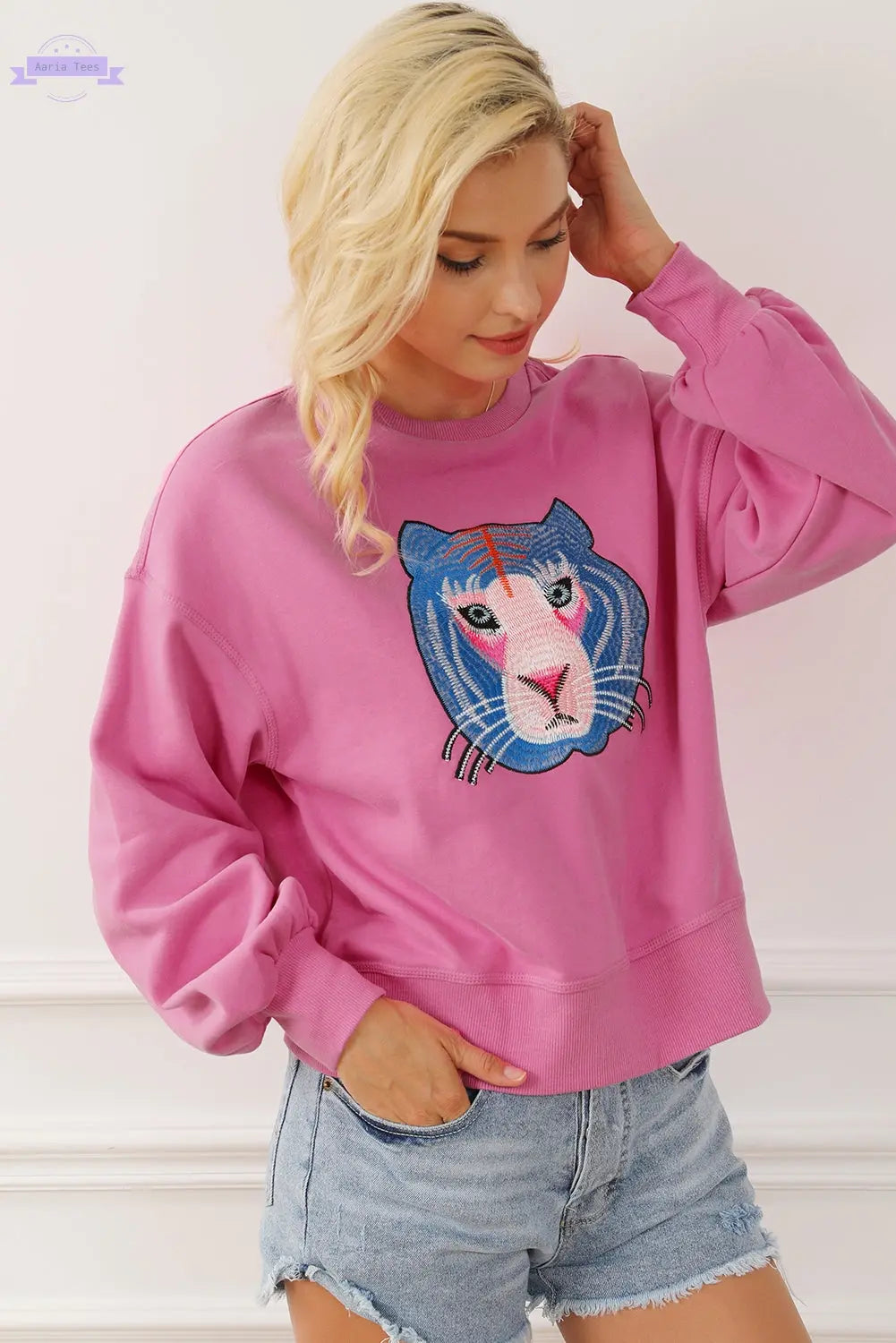 Regina Chic Tiger Embroidered Casual Sweatshirt Threaded Pear Aaria Tees