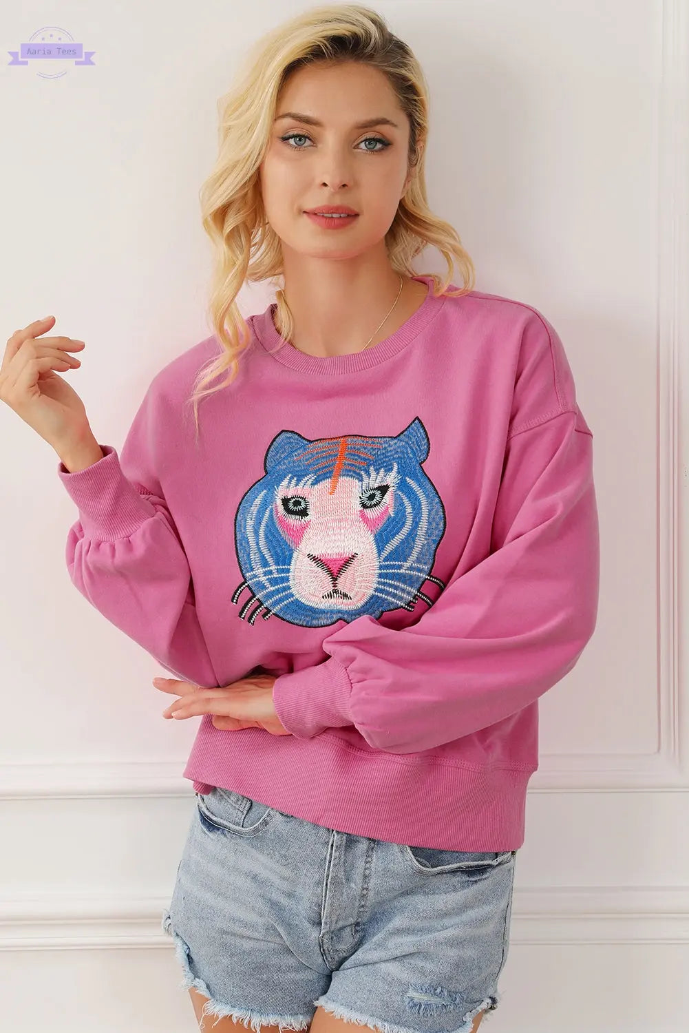Regina Chic Tiger Embroidered Casual Sweatshirt Threaded Pear