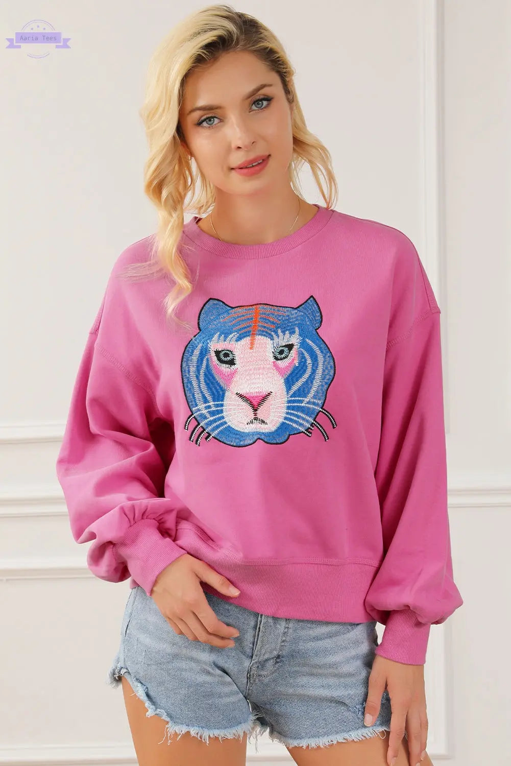 Regina Chic Tiger Embroidered Casual Sweatshirt Threaded Pear