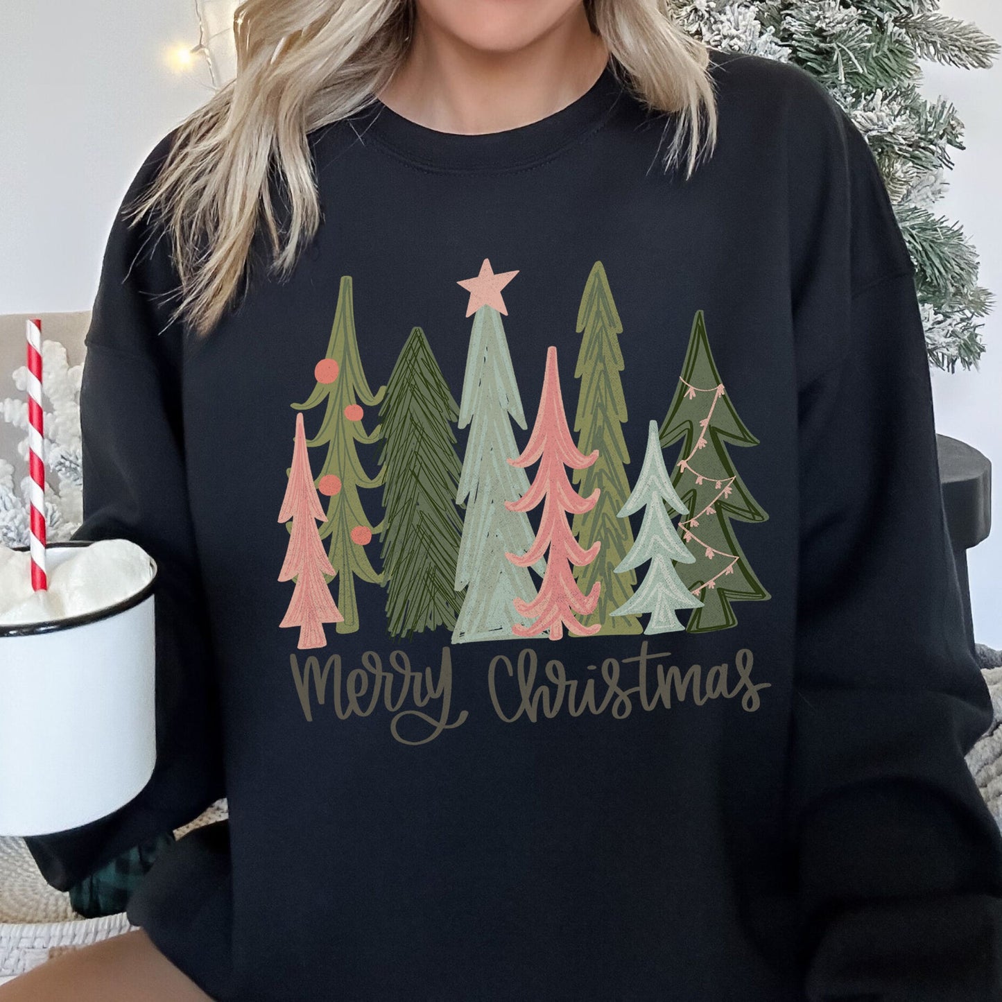 Retro Merry Christmas Trees, Pastel Christmas Sweatshirt