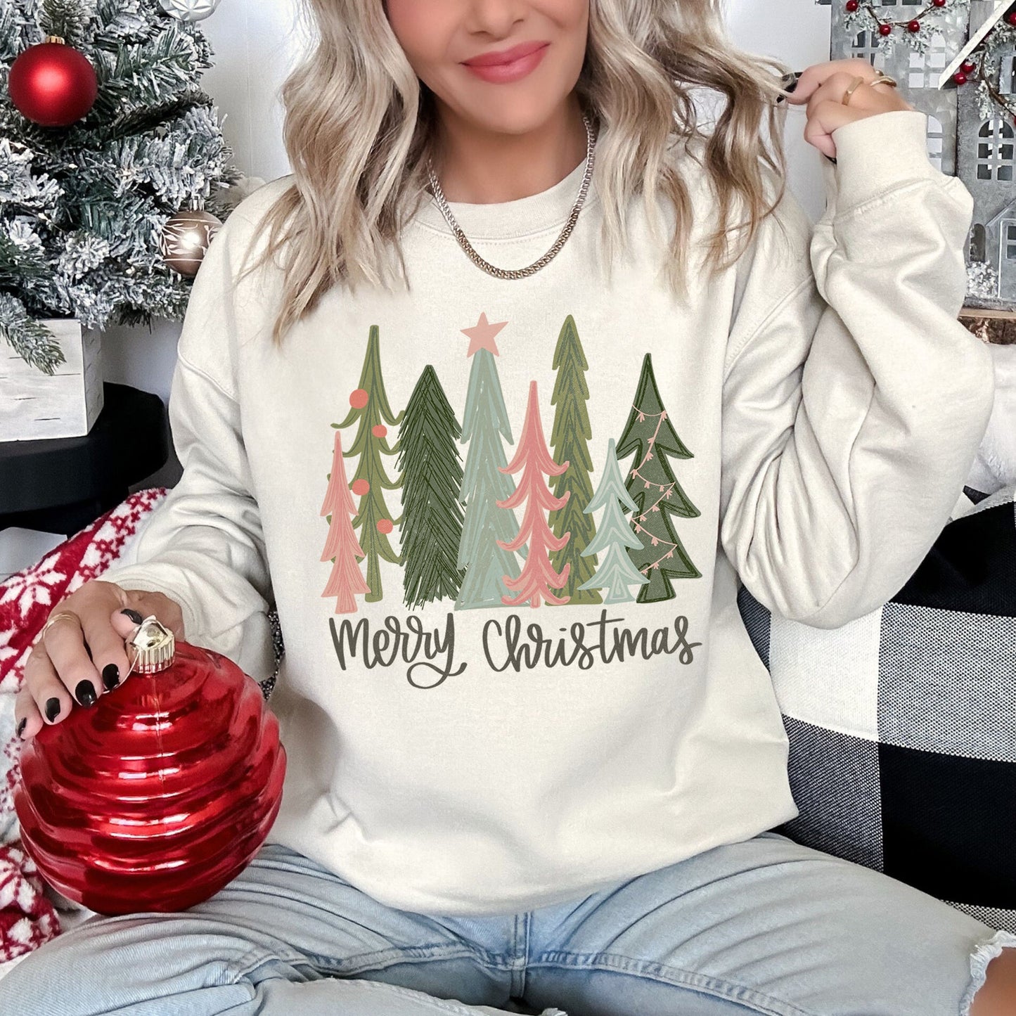 Retro Merry Christmas Trees, Pastel Christmas Sweatshirt