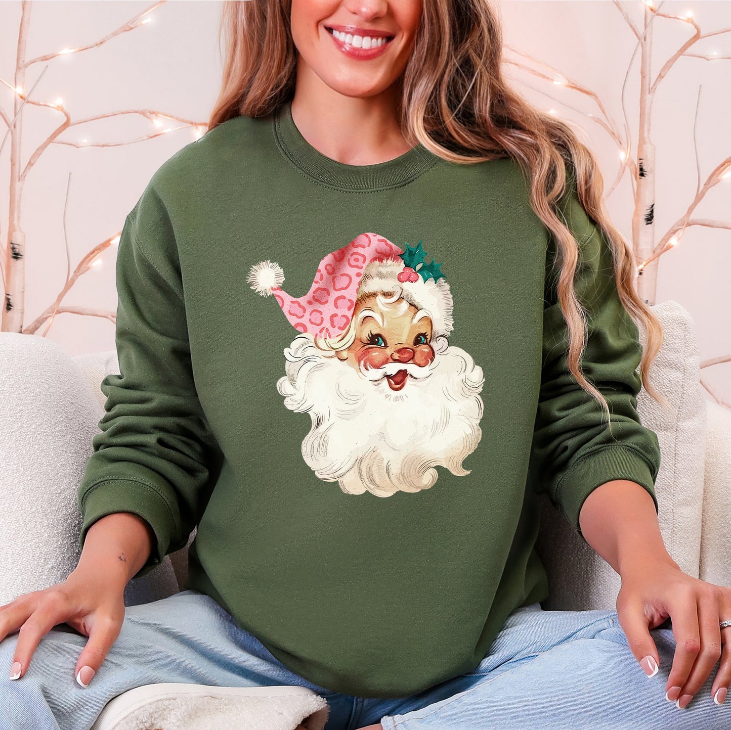 Retro Pink Santa, Leopard Cheetah Print, Christmas Sweatshirt