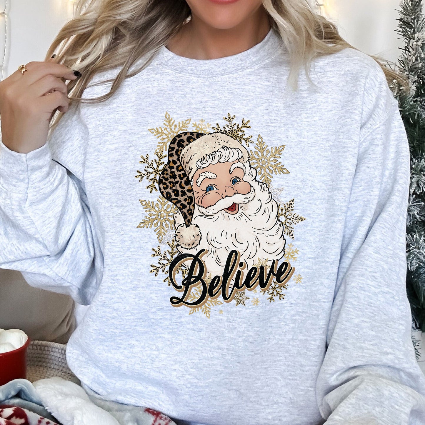 Retro Santa, Believe, Christmas, Leopard Print Sweatshirt