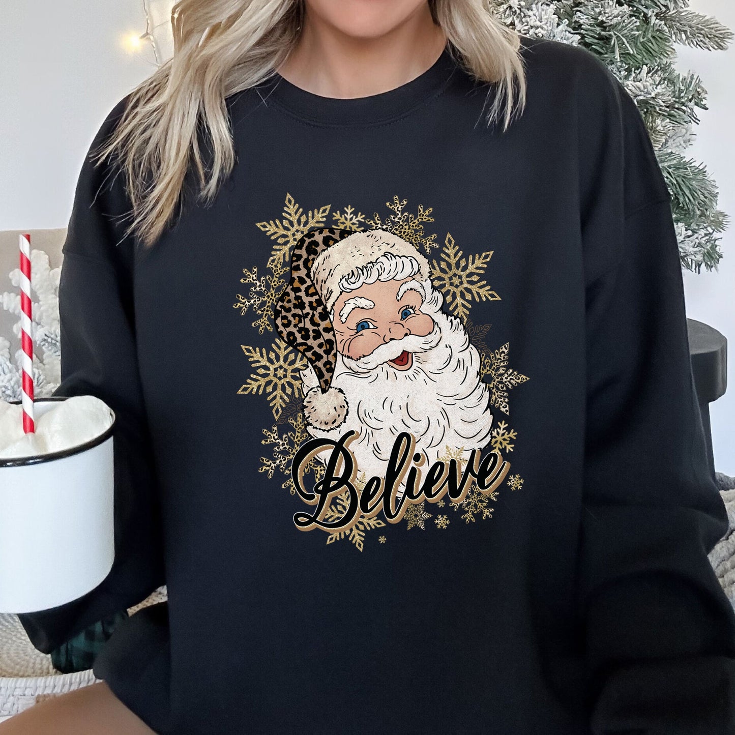 Retro Santa, Believe, Christmas, Leopard Print Sweatshirt