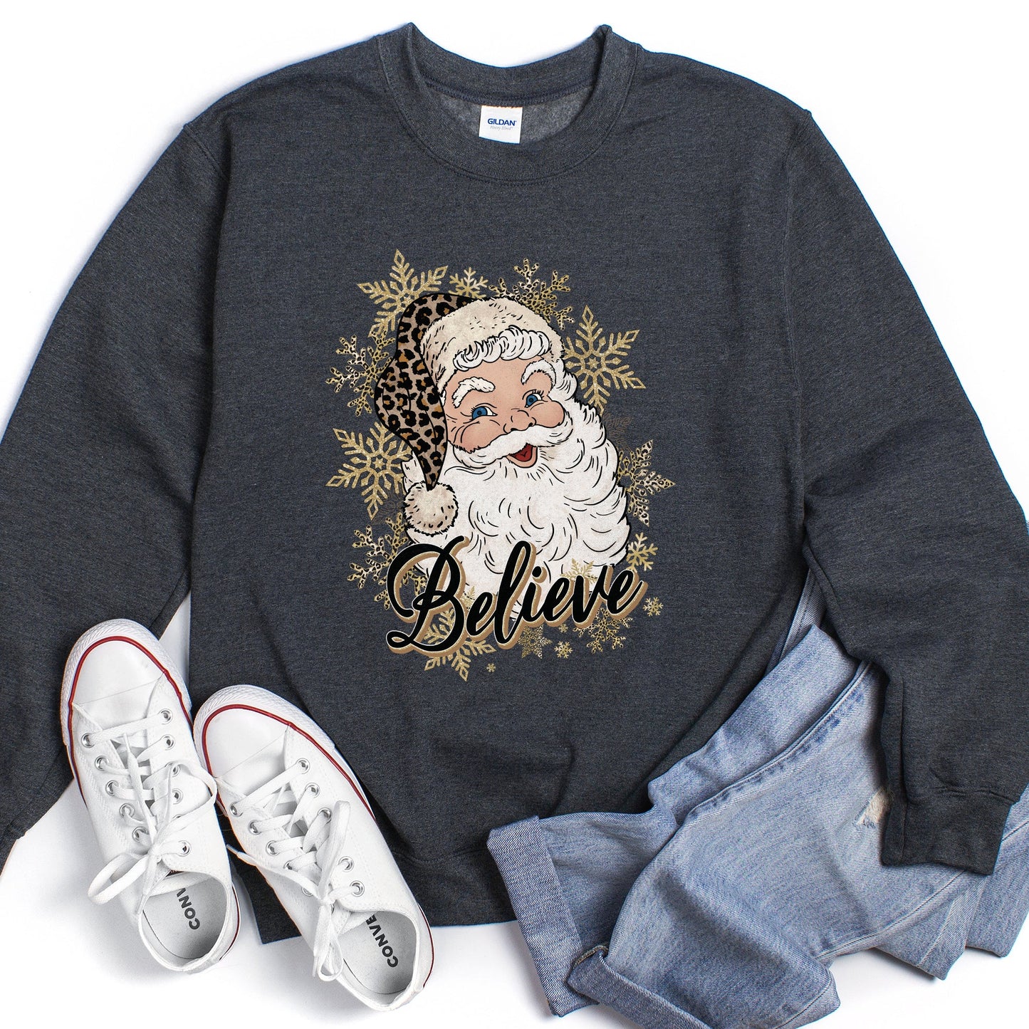 Retro Santa, Believe, Christmas, Leopard Print Sweatshirt