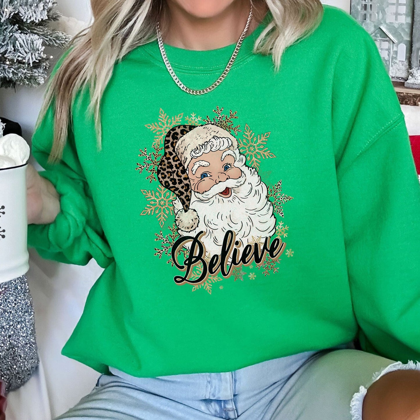 Retro Santa, Believe, Christmas, Leopard Print Sweatshirt