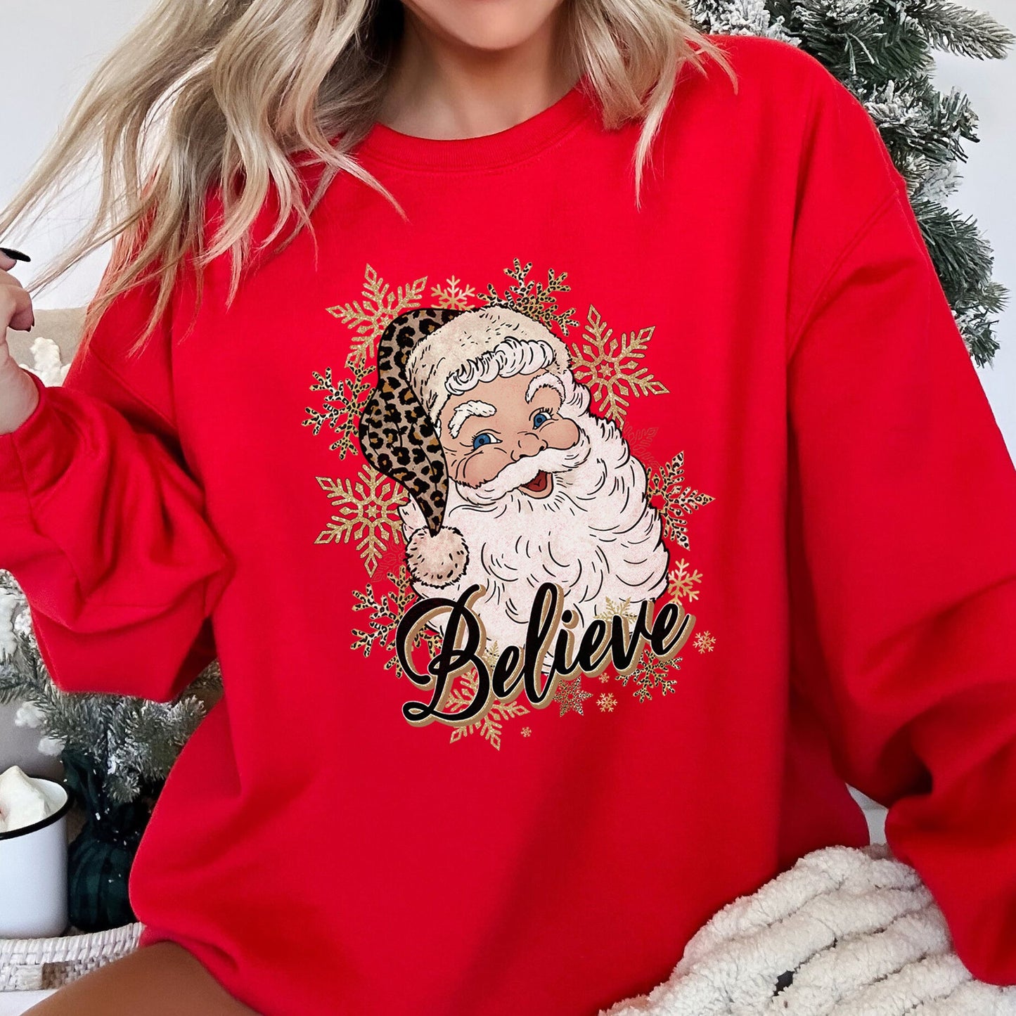 Retro Santa, Believe, Christmas, Leopard Print Sweatshirt