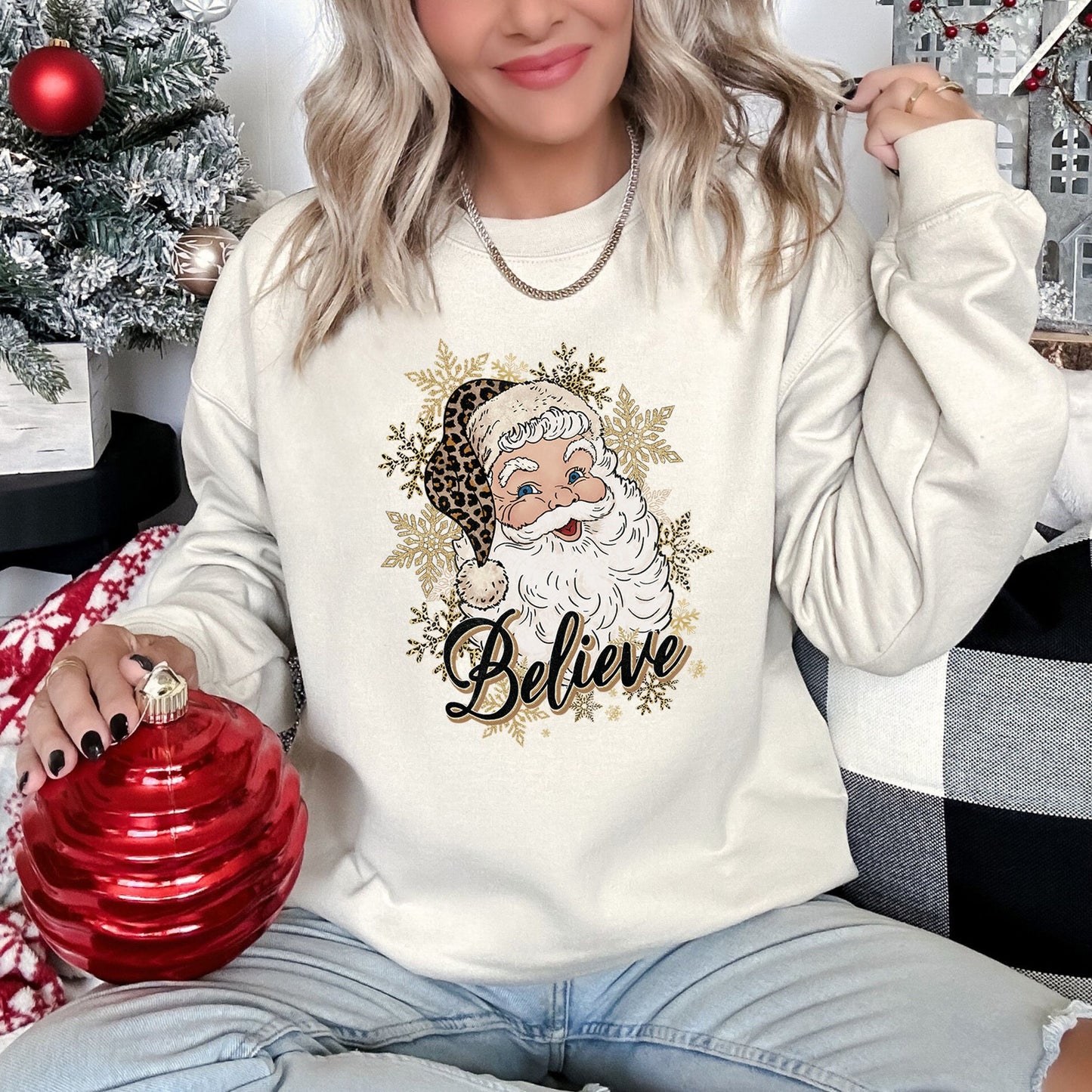 Retro Santa, Believe, Christmas, Leopard Print Sweatshirt