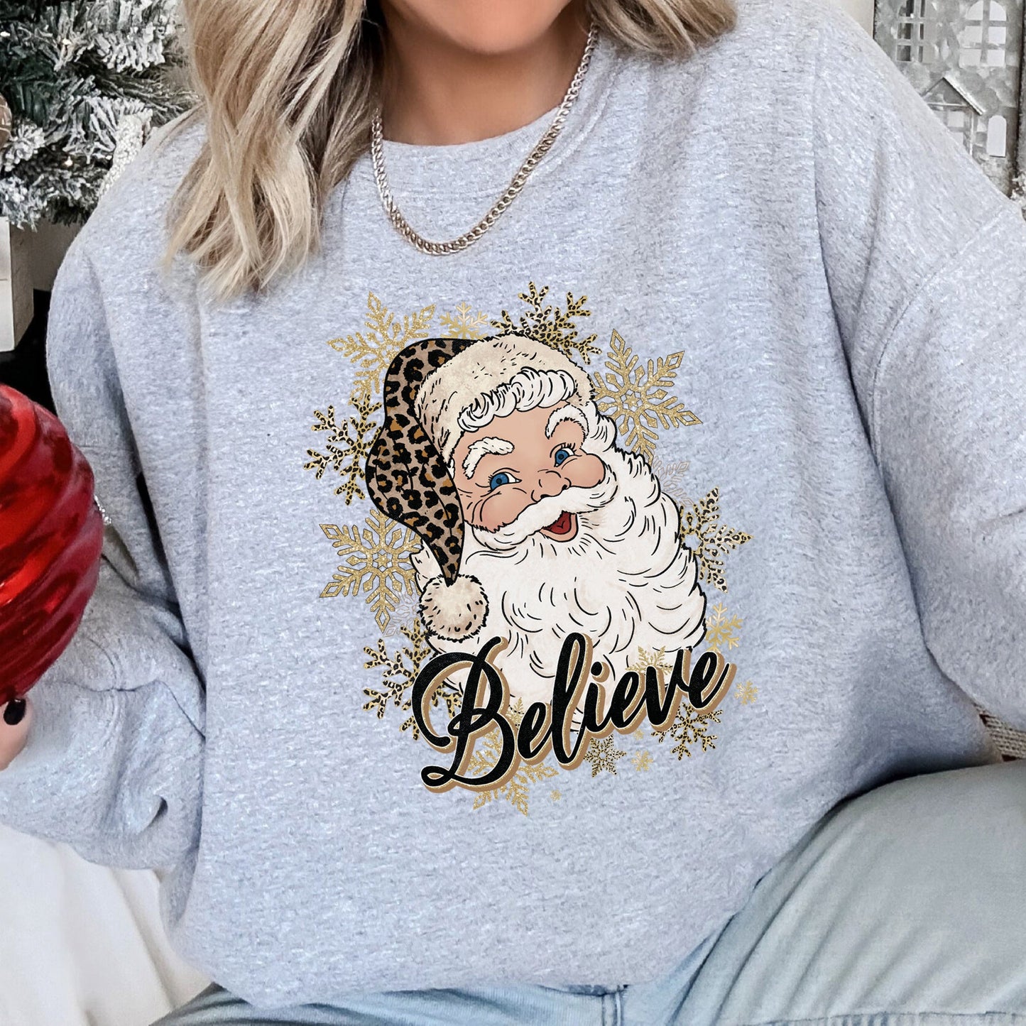 Retro Santa, Believe, Christmas, Leopard Print Sweatshirt