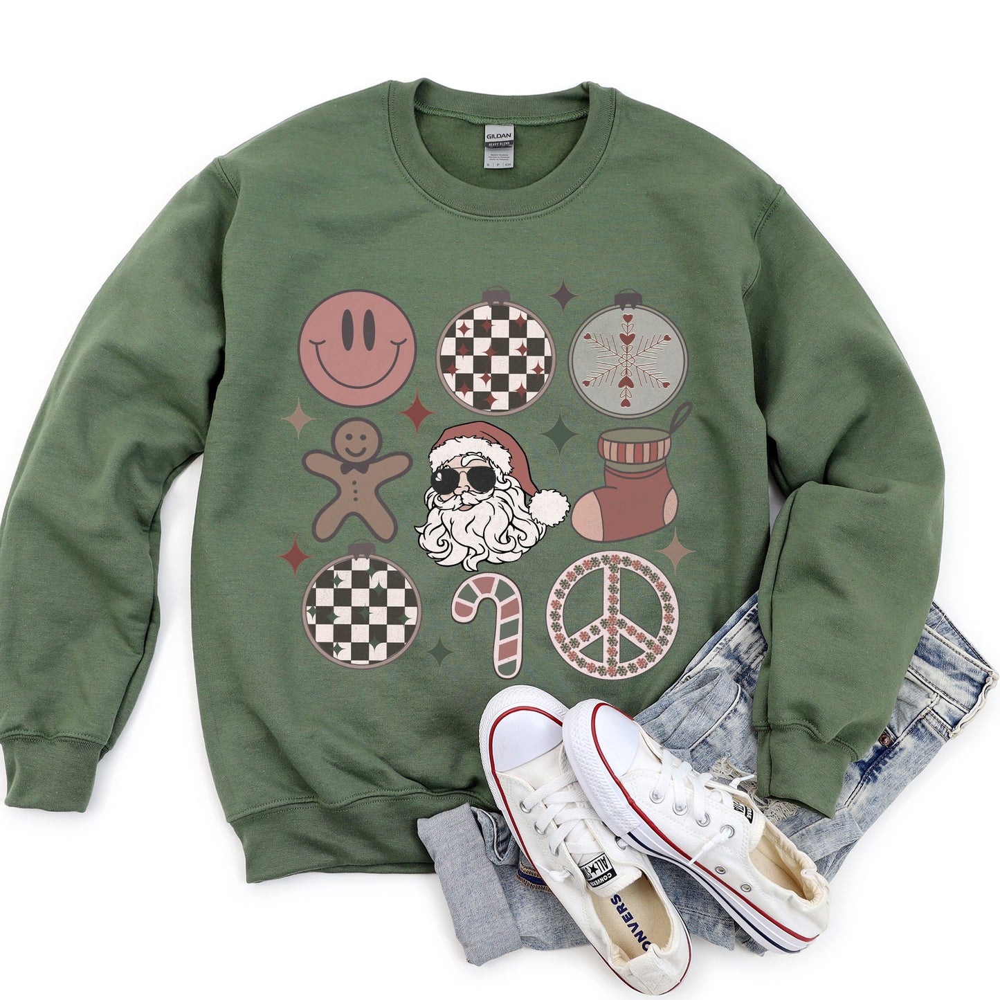 Retro Santa, Christmas, Peace, Snowflake Sweatshirt