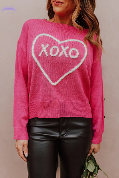 Rose Heart XOXO Pattern Drop Shoulder Rib Knit Sweater - Aaria Tees