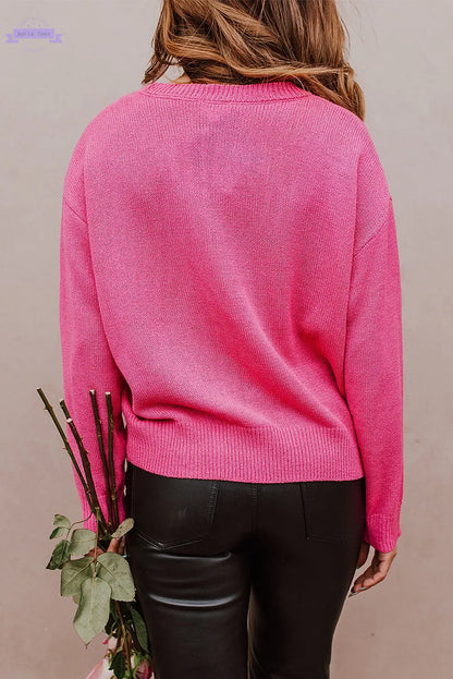 Rose Heart XOXO Pattern Drop Shoulder Rib Knit Sweater - Aaria Tees