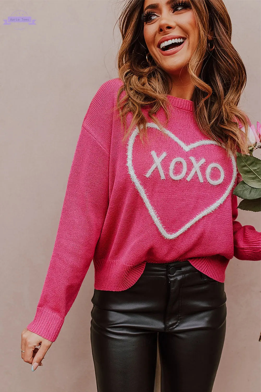 Rose Heart XOXO Pattern Drop Shoulder Rib Knit Sweater - Aaria Tees