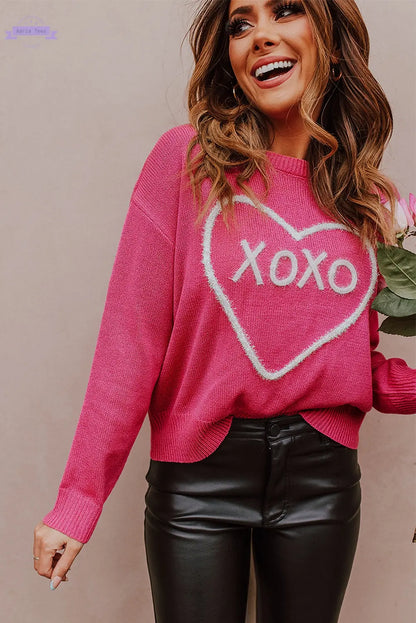 Rose Heart XOXO Pattern Drop Shoulder Rib Knit Sweater - Aaria Tees