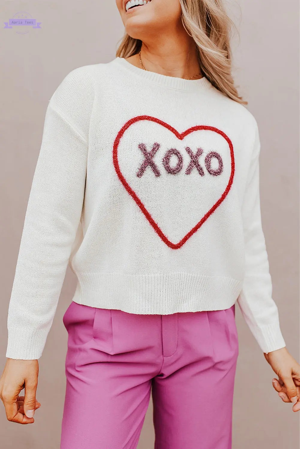 Rose Heart XOXO Pattern Drop Shoulder Rib Knit Sweater - Aaria Tees