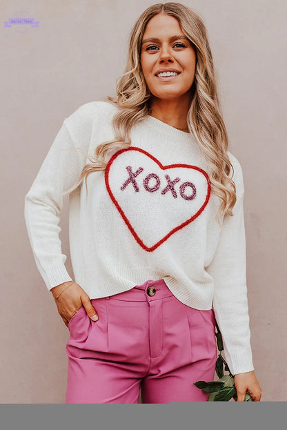 Rose Heart XOXO Pattern Drop Shoulder Rib Knit Sweater - Aaria Tees