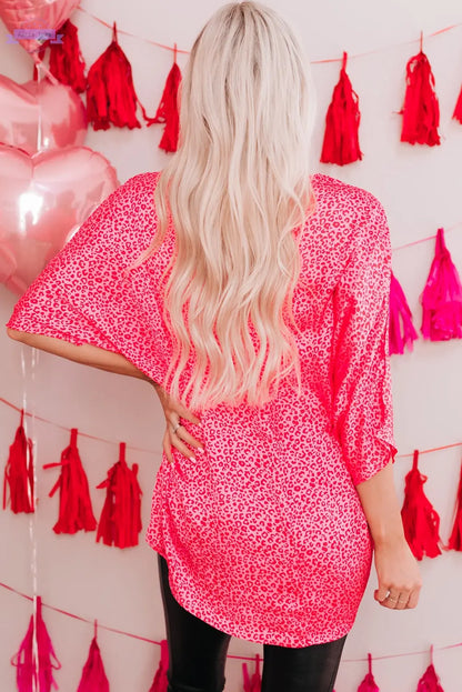 Rose Leopard Print Oversized Half Sleeve V Neck Top Aaria Tees