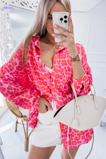 Rose Leopard Printed Button Up Loose Shirt Aaria Tees