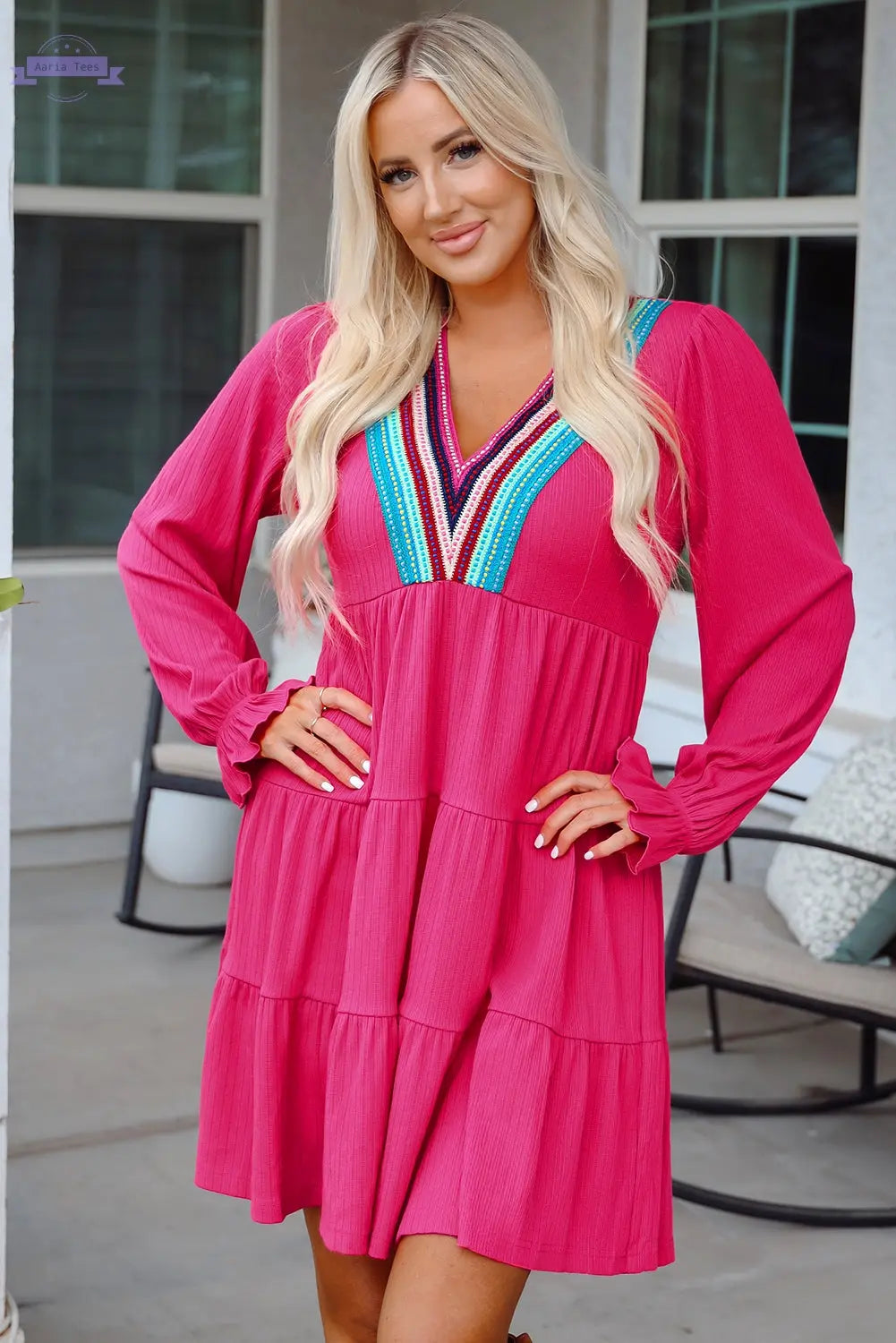 Rose Red Colorful Crochet V Neck Textured Tiered Ruffled Long Sleeve Mini Dress Aaria Tees Aaria Tees