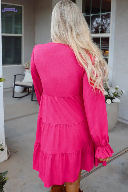 Rose Red Colorful Crochet V Neck Textured Tiered Ruffled Long Sleeve Mini Dress Aaria Tees