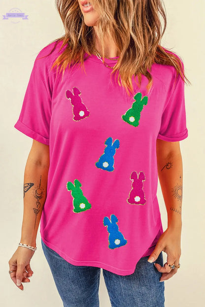 Rose Red Easter Rabbit Chenille Patched Pattern Crew Neck Tee Aaria Tees