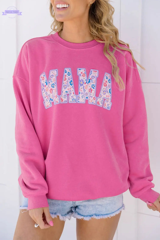 Rose Red Floral MAMA Embroidered Graphic Pullover Sweatshirt Aaria Tees