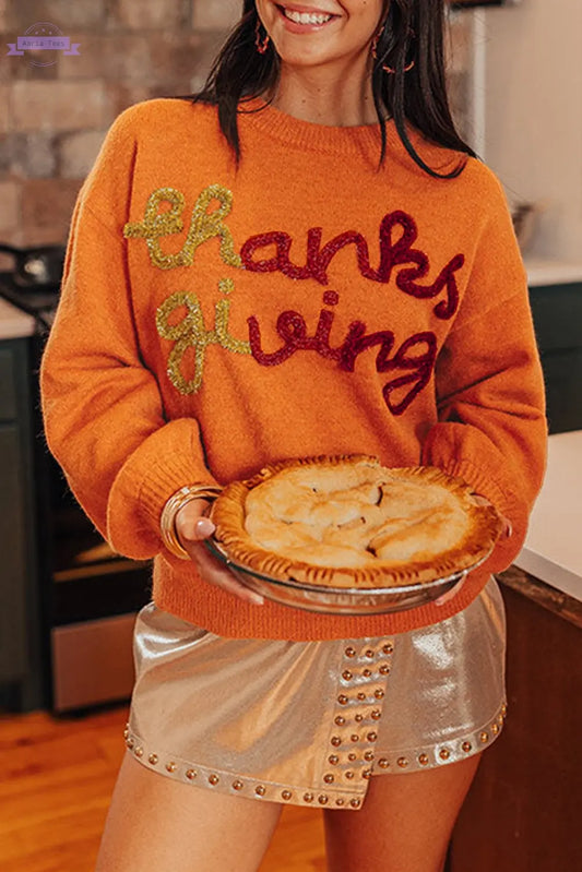 Russet Orange Thanksgiving Tinsel Drop Shoulder Crew Neck Sweater - Aaria Tees