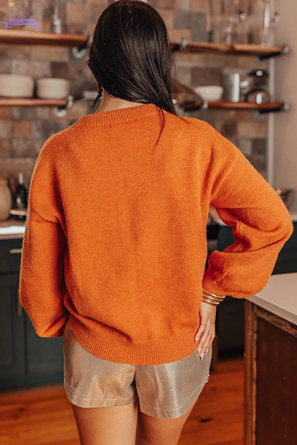 Russet Orange Thanksgiving Tinsel Drop Shoulder Crew Neck Sweater - Aaria Tees