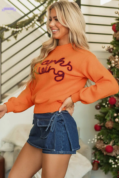 Russet Orange Thanksgiving Tinsel Drop Shoulder Crew Neck Sweater - Aaria Tees