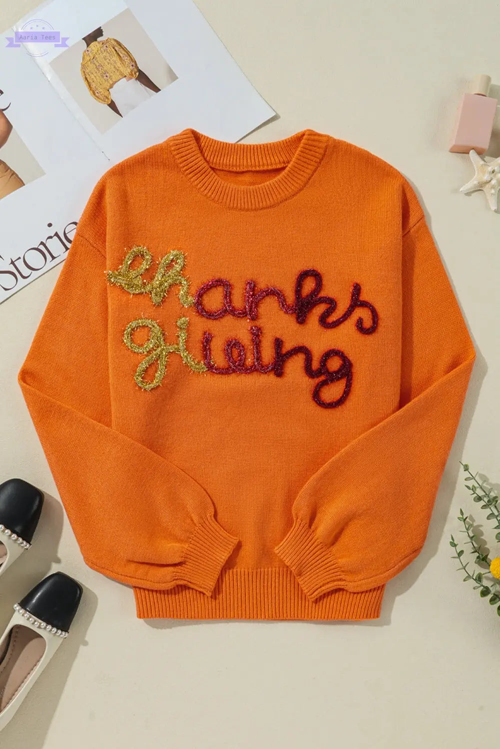 Russet Orange Thanksgiving Tinsel Drop Shoulder Crew Neck Sweater - Aaria Tees