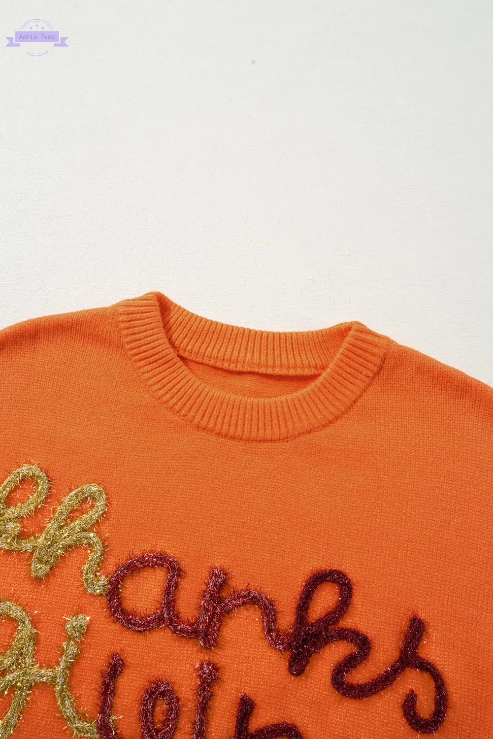 Russet Orange Thanksgiving Tinsel Drop Shoulder Crew Neck Sweater - Aaria Tees