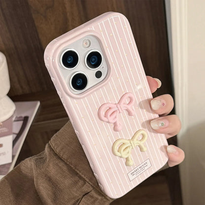 Korean Cute 3D Bowknot Pink Striped Wave Point Soft Phone Case For iPhone