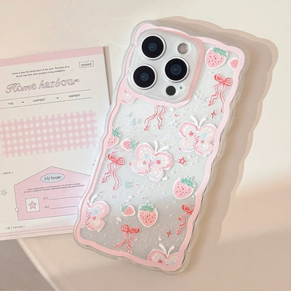 Korean Strawberry Butterfly Graffiti Wavy Phone Case For iPhone