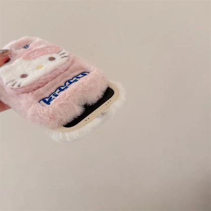 Cartoon Hello Kitty Plush Cat Ears Warm Winter Furry Fur Cover Phone Case
