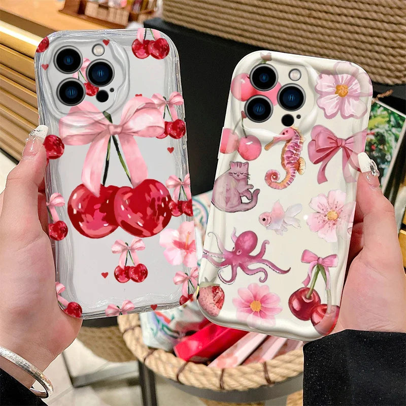 Red Cherry Bow Soft Wave Silicone Phone Case For iPhone