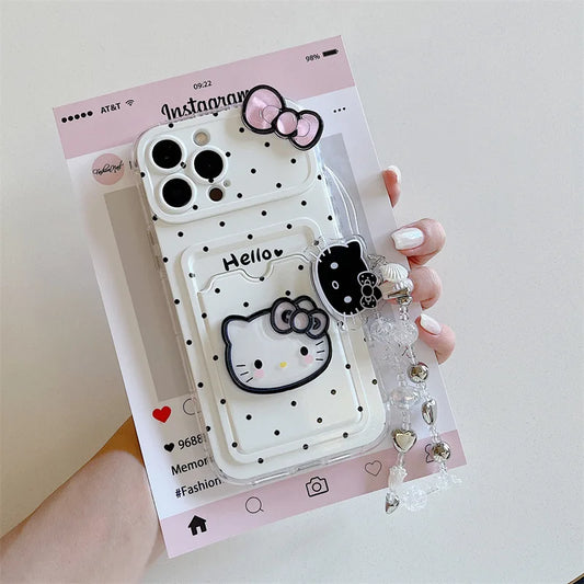 Korean Polka Dot Hello Kitty Bowknot Card Slot Bag Holder Phone Case For iPhone