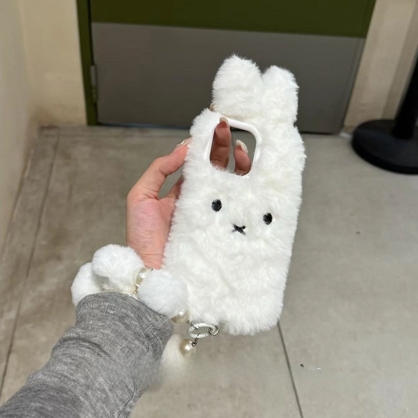 Plush Cute white Rabbit with Lanyard Phone Case