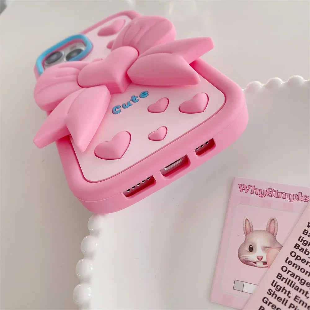3D Cartoon Pink Love Bow Holder Phone Case