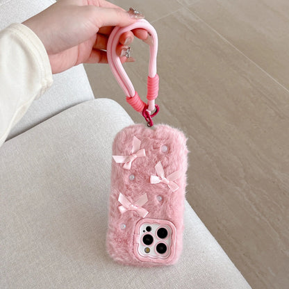 Simple Solid Color Plush Bow Pearl Plush Phone Case