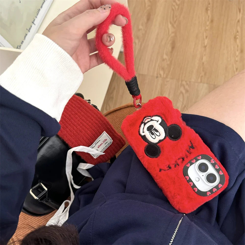Cartoon Disney Mickey Red Color Winter Warm Plush Phone Case