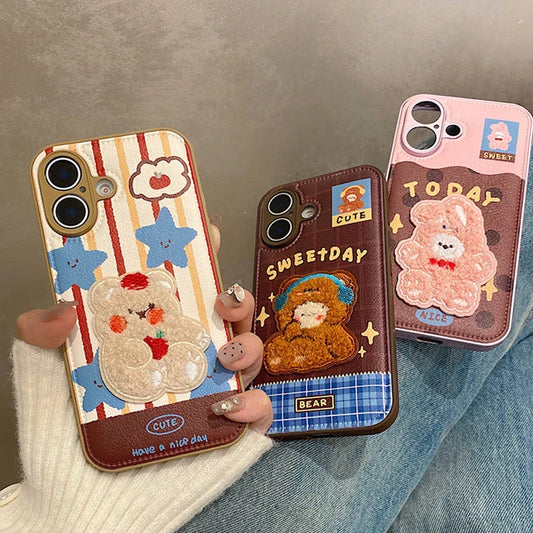 Cute 3D Plush Embroidered Rabbit Bear Phone Case