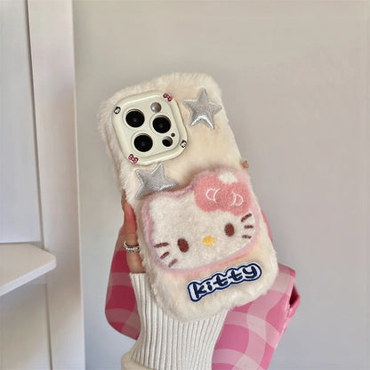 Cute Hello Kitty Fur Fluffy Camera Holder Stand Phone Case