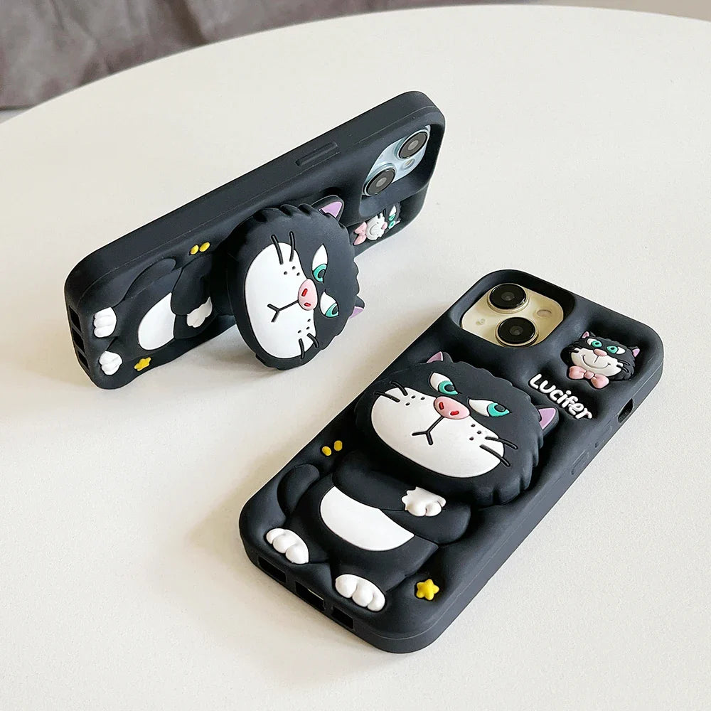 Cute 3D Cartoon Lucifer Cat With Stand Holder Phone Case