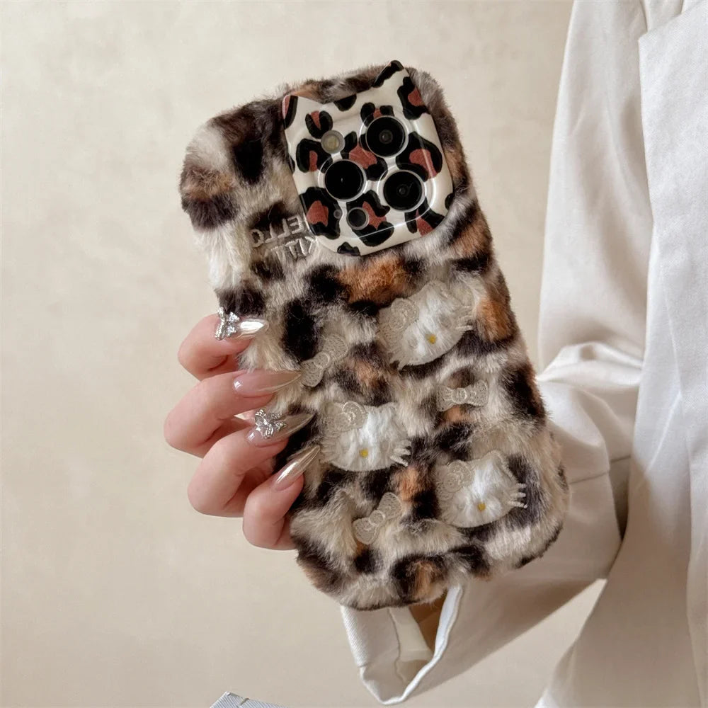 Cartoon Fluffy Hello Kitty Plush Cat Ears Phone Case