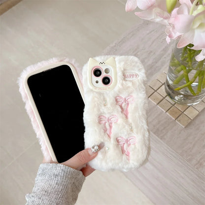 Soft Fluffy Plush bowknot Cat Ears 3D Pearl Phone Case