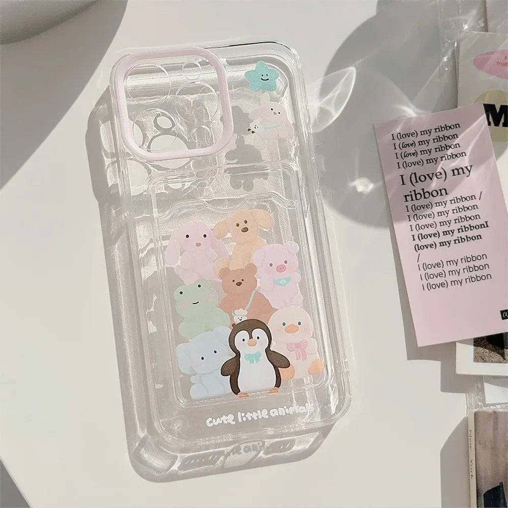 Cute Cartoon Animals Transparent Card Slot Pocket Case For iPhone